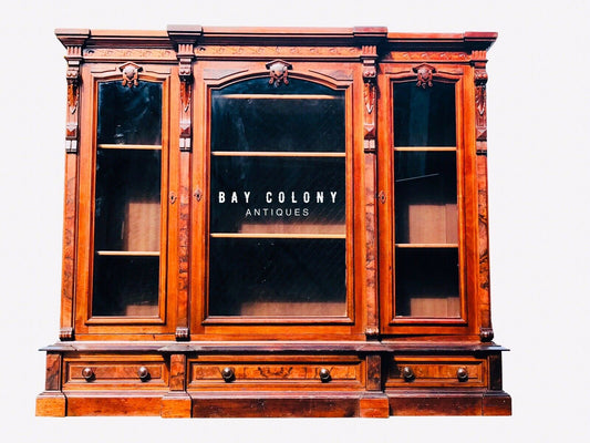 19TH C ANTIQUE CARVED WALNUT VICTORIAN TRIPLE DOOR BOOKCASE BY THOMAS BROOKS