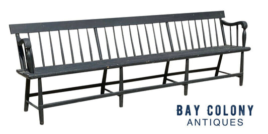 19TH C ANTIQUE BLACK PAINTED COUNTRY PRIMITIVE FARMHOUSE DEACONS BENCH ~ 8 FEET