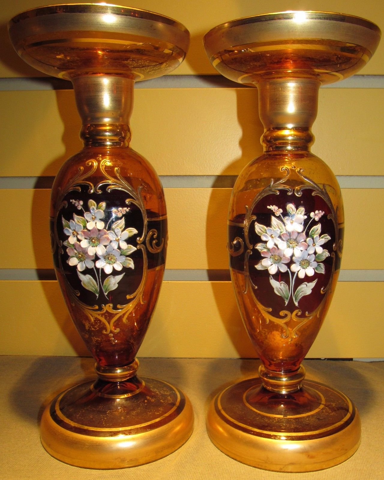 PAIR OF MOSER FLORAL ENAMELED WORKED CANDLESTICKS