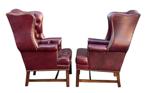 20th C Chippendale Antique Style Pair Of Tufted Red Leather Wing Back Arm Chairs