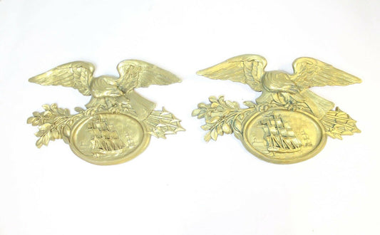 NAUTICAL LARGE PAIR OF GOLD GILT EAGLES OVER CLIPPERSHIP PLAQUES MERCANTILE