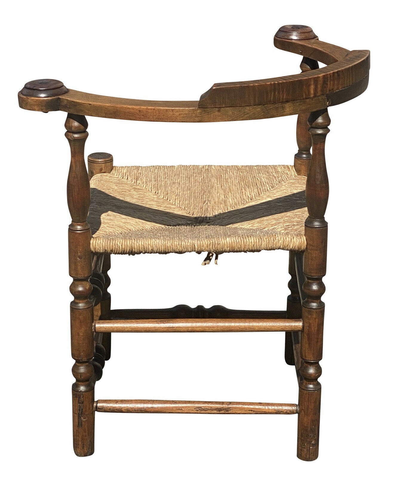 18TH C ANTIQUE QUEEN ANNE TIGER MAPLE ROUNDABOUT / CORNER CHAIR W/ RUSH SEAT