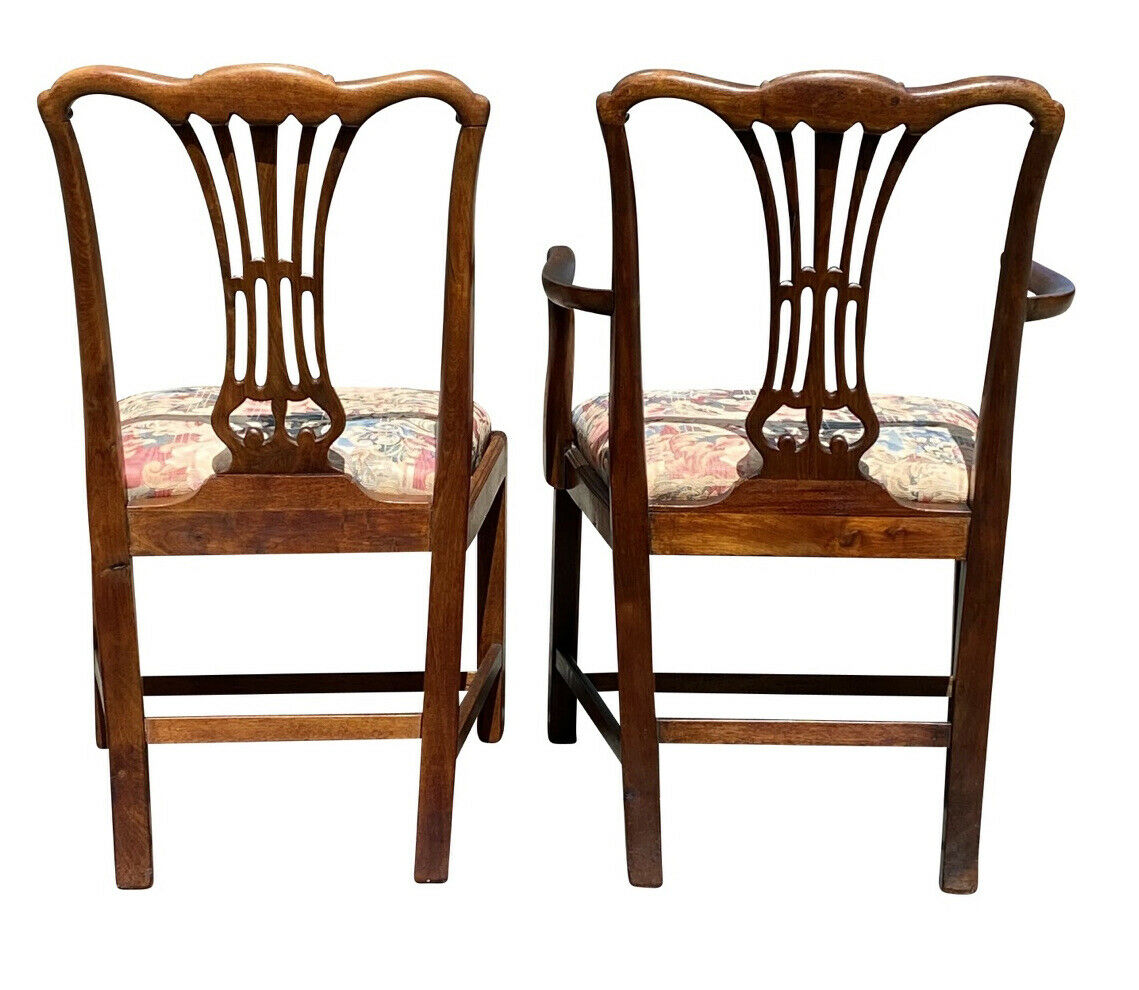 19TH C SET OF 8 ANTIQUE MAHOGANY CHIPPENDALE DINING CHAIRS W/ FLORAL SEATS