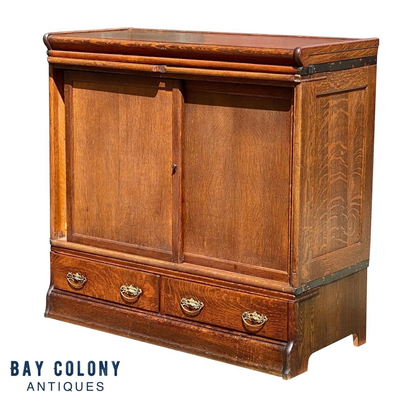 19th C Antique Oak Encyclopedia Size Large Barrister Bookcase / Cabinet - Globe