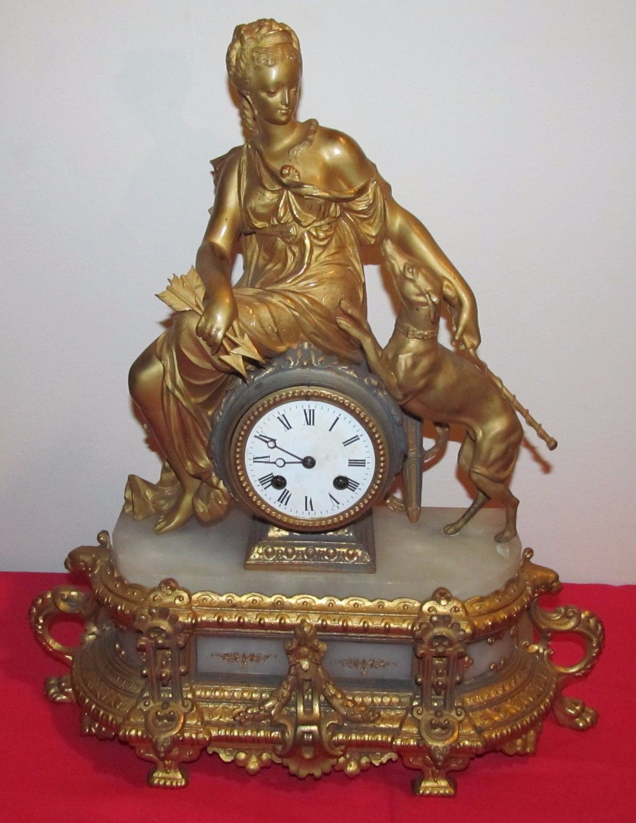 ANTIQUE HIGHLY GOLD GILT FRENCH CLOCK DEPICTING MAIDEN WITH WHIPPET - GLASS DOME