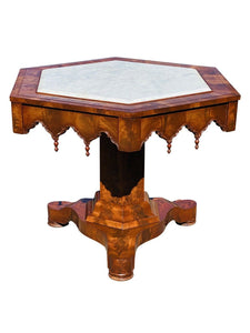 19TH C ANTIQUE SOUTHERN US MAHOGANY GOTHIC PARLOR TABLE WITH INSET MARBLE TOP