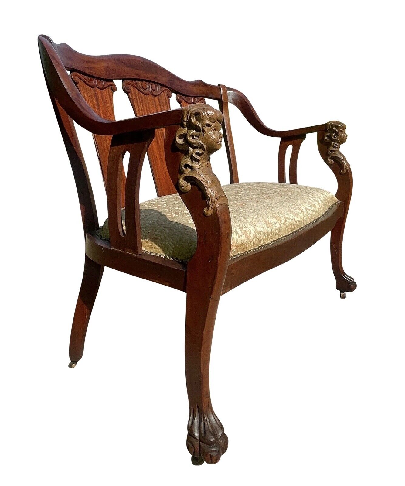 Antique Art Nouveau Mahogany Settee With Figural Carvings Attributed Rj Horner