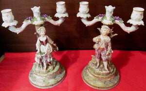 PAIR-DRESDEN FIGURAL CANDELABRA-COURTING COUPLE WITH LAMBS
