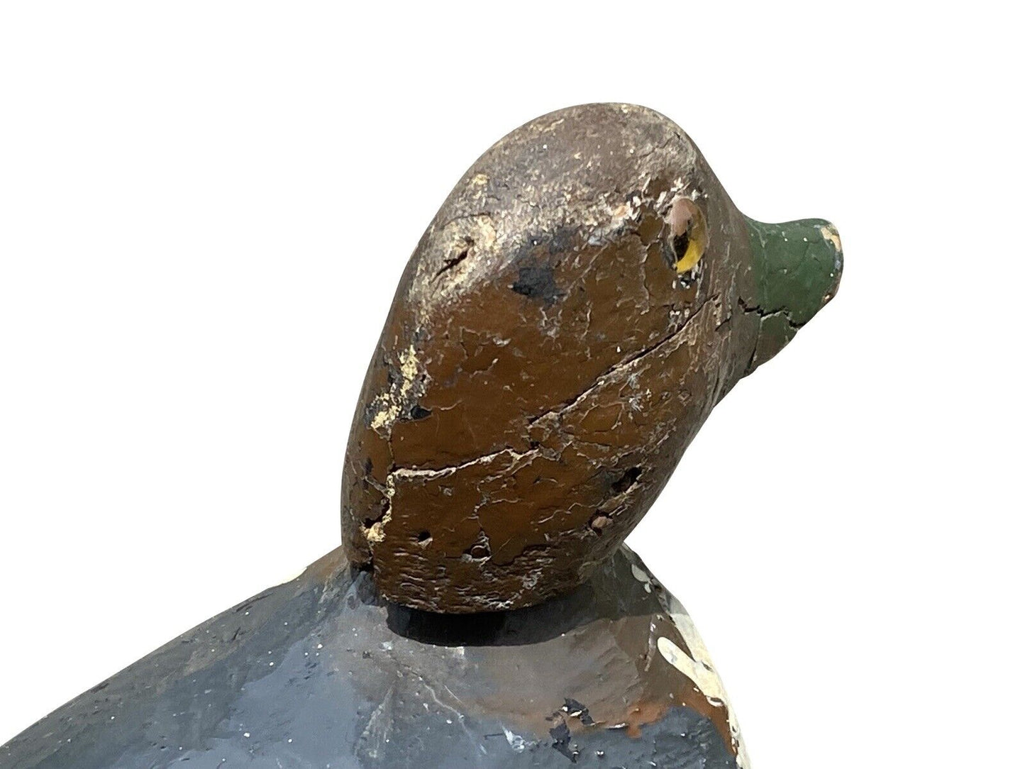 20th C Antique Carved & Painted Wood Mallard Duck Hunting Decoy - Glass Eyes