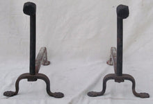 Load image into Gallery viewer, 18TH CENTURY WROUGHT IRON GOOSE NECK PENNY &amp; COMPASS FOOTED ANDIRONS