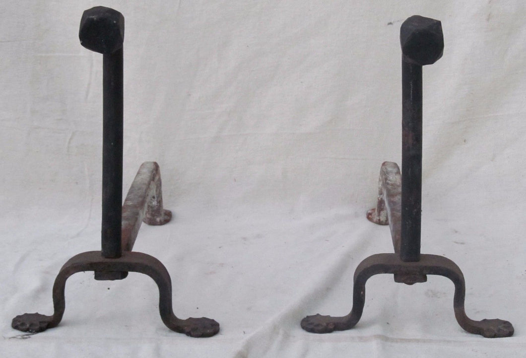 18TH CENTURY WROUGHT IRON GOOSE NECK PENNY & COMPASS FOOTED ANDIRONS