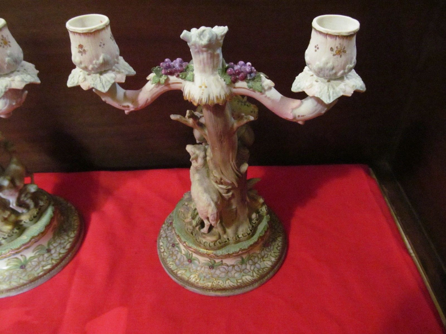 PAIR-DRESDEN FIGURAL CANDELABRA-COURTING COUPLE WITH LAMBS