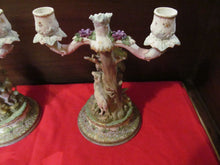 Load image into Gallery viewer, PAIR-DRESDEN FIGURAL CANDELABRA-COURTING COUPLE WITH LAMBS