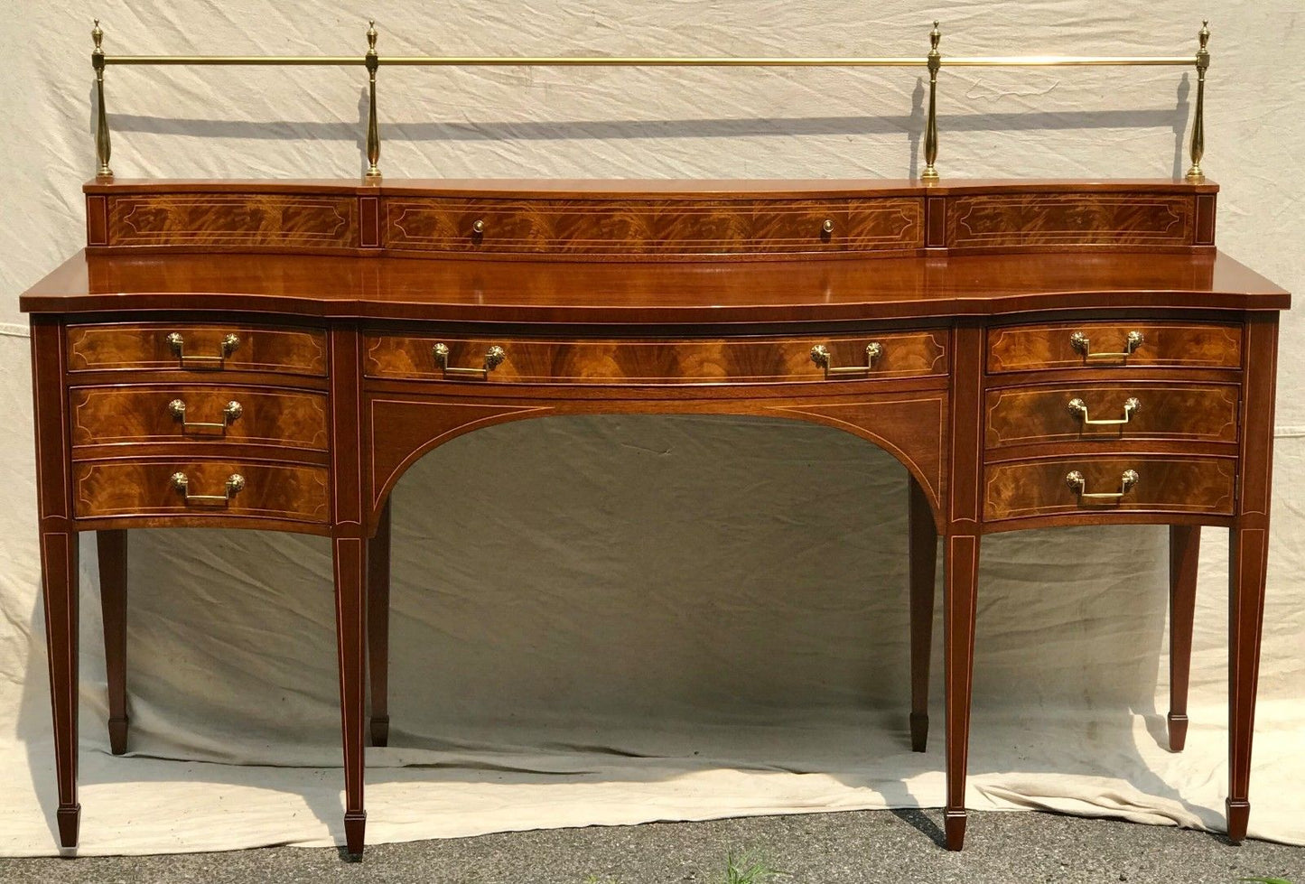 EARLY 20TH C BAKER SIDEBOARD IN MAHOGANY WITH BRASS GALLERY AND BEST DECORATIONS