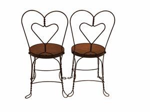 20TH C ANTIQUE SET OF 6 WROUGHT IRON HEART BACK ICE CREAM PARLOR CHAIRS