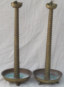27" TALL  MONUMENTAL ARTS & CRAFTS BRASS ANTIQUE CANDLESTICKS WITH FOOTED BASES