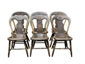 19TH C ANTIQUE COUNTRY PRIMITIVE SET OF 6 FANCY PAINT HOOP BACK WINDSOR CHAIRS