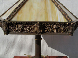 VICTORIAN EGYPTIAN REVIVAL LAMP WITH FINELY CASTED BRONZE & 12 SLAG PANEL SHADE
