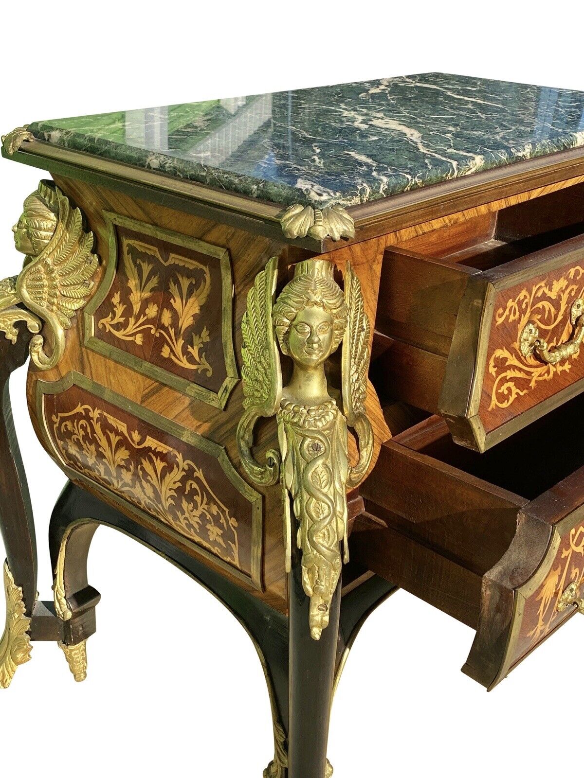 French Louis Xiv Style Walnut Marble Top Bombe Commode With Fire Gilded Accents