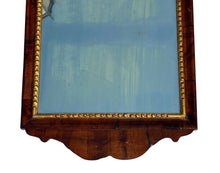 Load image into Gallery viewer, 18th C Antique Queen Anne Mahogany Mirror W/ Gold Liner &amp; Floral Crest ~ Tulip