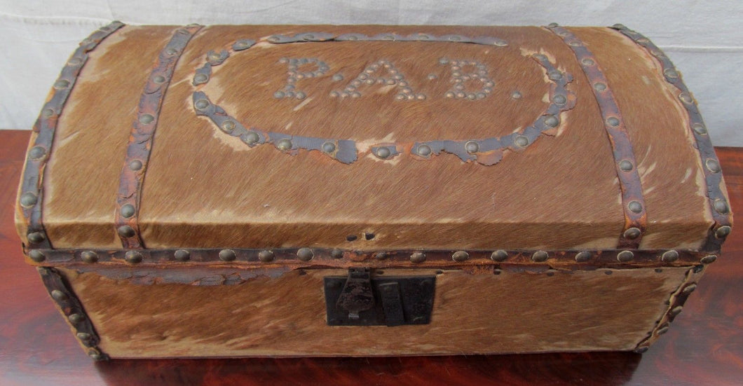 EARLY 19TH CENTURY COW HYDE COVERED STAGE COACH BOX-MAKER SIGNED PROVIDENCE R.I.