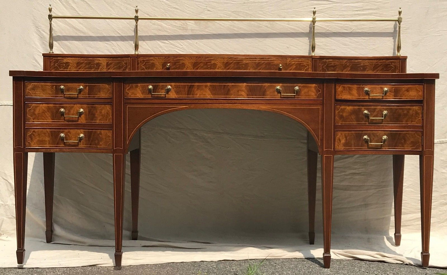 EARLY 20TH C BAKER SIDEBOARD IN MAHOGANY WITH BRASS GALLERY AND BEST DECORATIONS