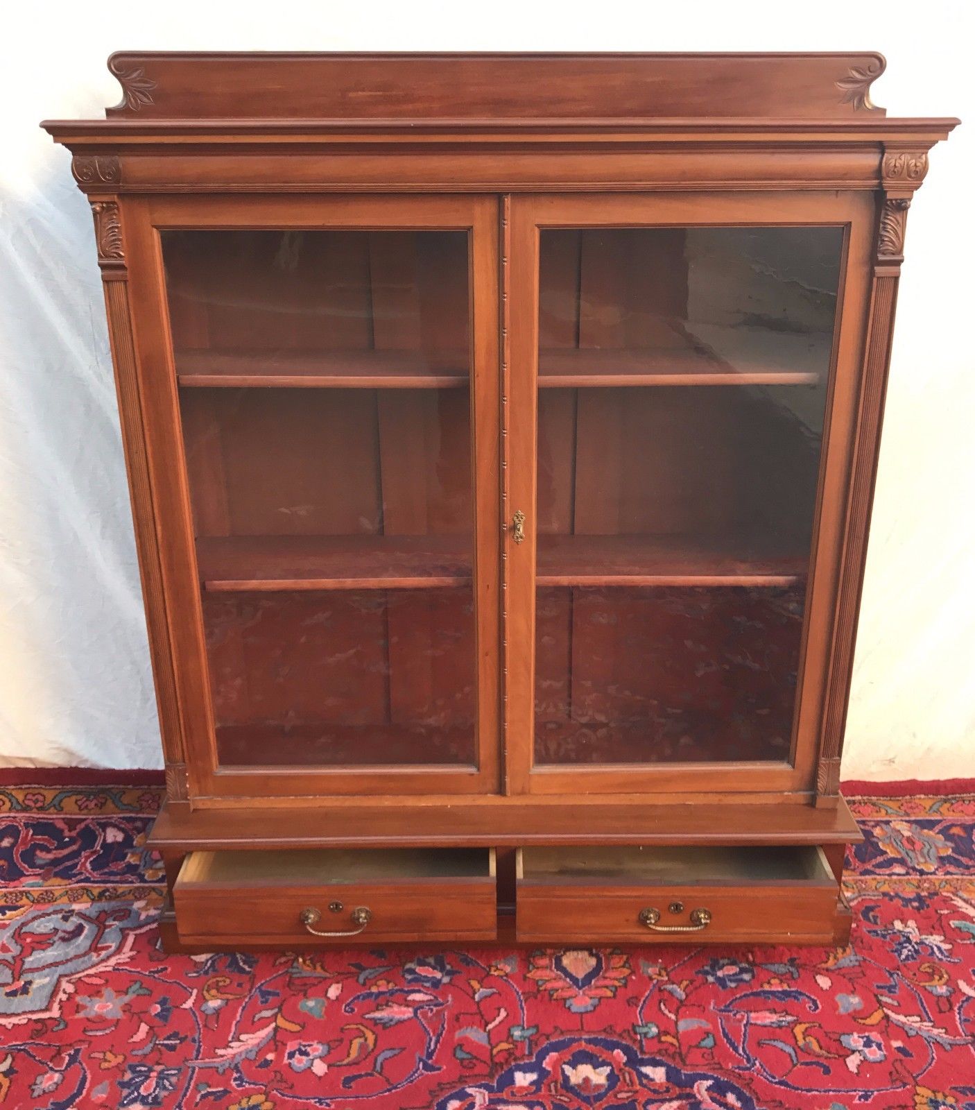 VICTORIAN WALNUT CARVED DOUBLE DOOR BOOKCASE ON 2 DRAWER BASE-SUPER FINE PIECE!