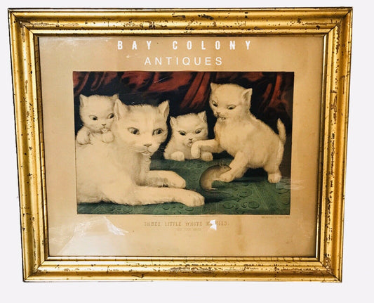 19TH C ANTIQUE CURRIER & IVES THREE WHITE KITTIES - THEIR FIRST MOUSE LITHOGRAPH