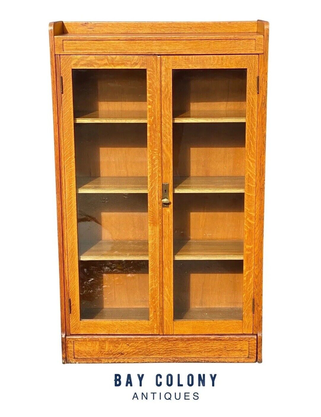 Antique Arts & Crafts Tiger Oak Double Glass Door Bookcase / China Cabinet