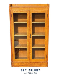 Antique Arts & Crafts Tiger Oak Double Glass Door Bookcase / China Cabinet