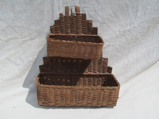 ANTIQUE DOUBLE TIERED SPLINT WOVEN WALL BASKET