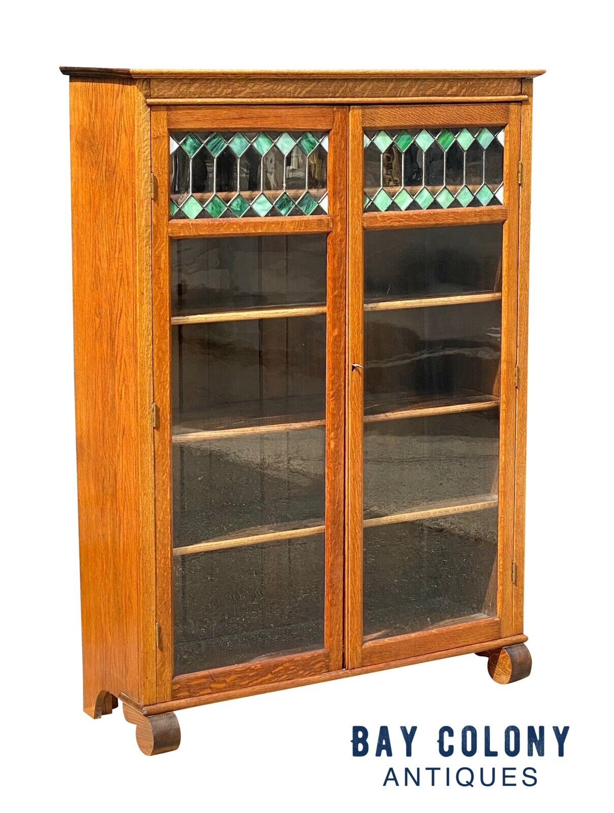 Antique Tiger Oak Larkin Bookcase / China Cabinet With Green Slag Glass Doors