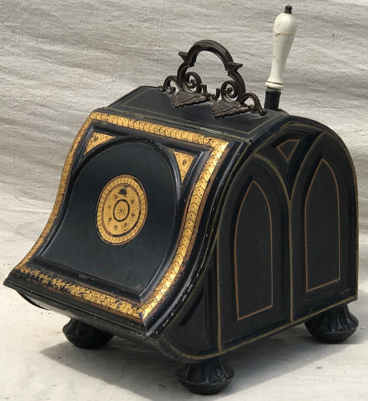 ANTIQUE VICTORIAN HAND PAINTED TOLE DECORATED COAL HOD W/ REMOVABLE TRAY