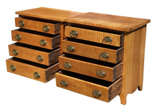 Load image into Gallery viewer, 20TH C PAIR OF ANTIQUE STYLE TIGER MAPLE 4 DRAWER BACHELOR CHESTS / NIGHTSTANDS