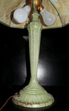 Load image into Gallery viewer, ART NOUVEAU CURVED SLAG GLASS LAMP IN ORIGINAL VERDIGRIS PAINT SIGNED RAINAUD