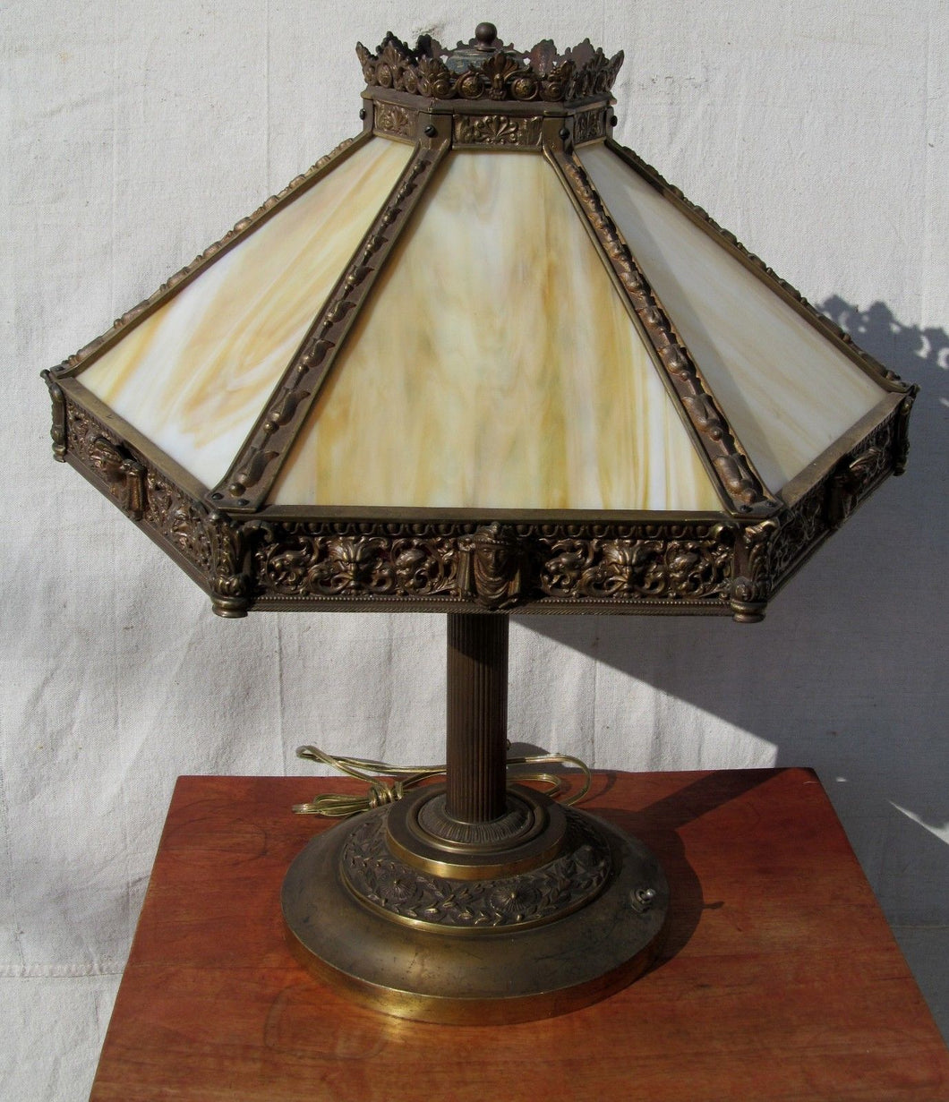 VICTORIAN EGYPTIAN REVIVAL LAMP WITH FINELY CASTED BRONZE & 12 SLAG PANEL SHADE