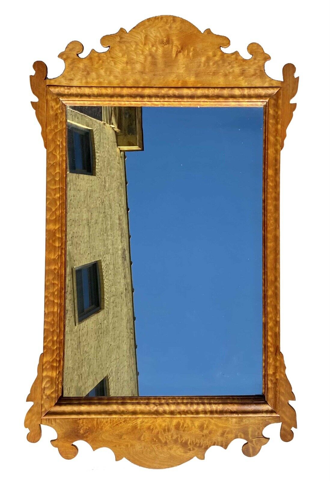 20th C Chippendale Antique Style Birds Eye Maple Wall Mirror