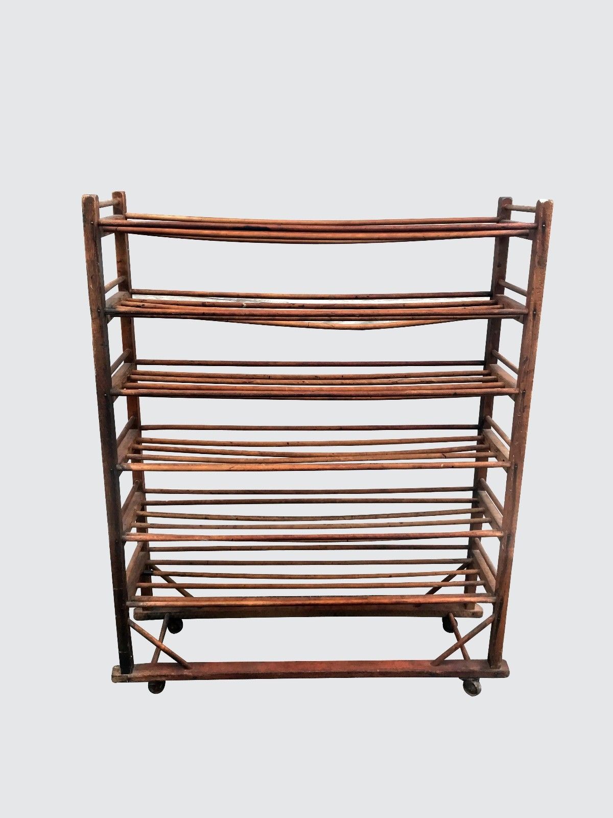 19TH CENTURY AMERICAN OAK INDUSTRIAL SHOE RACK WITH SIX TIERS-GREAT FOR WINES