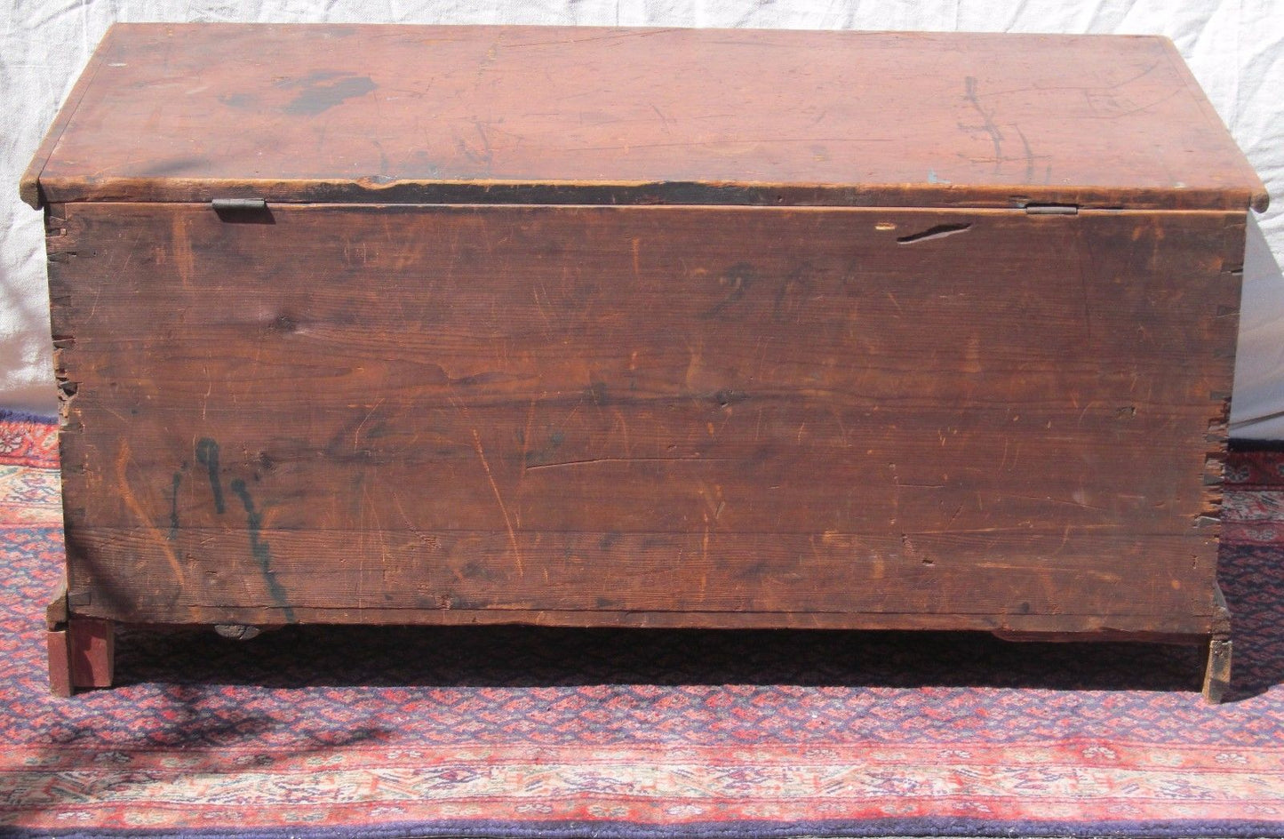 EARLY 19TH CENTURY CHIPPENDALE STYLE PAINTED BLANKET CHEST ON BRACKET FEET