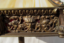 Load image into Gallery viewer, VICTORIAN EGYPTIAN REVIVAL LAMP WITH FINELY CASTED BRONZE &amp; 12 SLAG PANEL SHADE