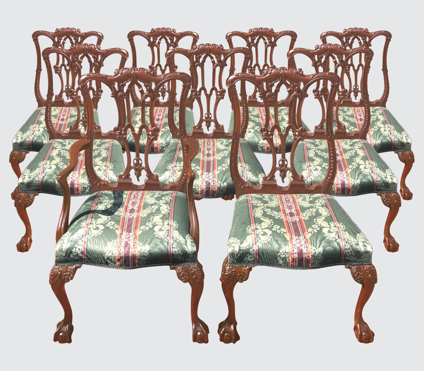 SET OF 8 ANTIQUE CHINESE CHIPPENDALE HIGHLY CARVED MAHOGANY DINING ROOM CHAIRS