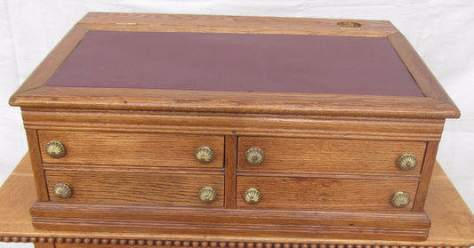 VICTORIAN SOLID OAK TABLE TOP CLERK'S DESK WITH LEATHER TOP