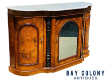 Load image into Gallery viewer, 19TH C ANTIQUE VICTORIAN INLAID BURL WALNUT MARBLE TOP CONSOLE TABLE / SIDEBOARD