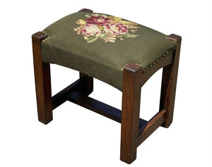 20TH C ANTIQUE ARTS & CRAFTS / MISSION OAK NEEDLEPOINT SEAT FOOTSTOOL ~ STICKLEY
