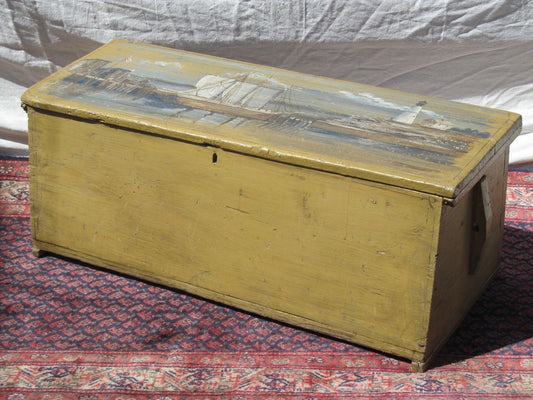 18TH CENTURY CANTED SEA CHEST WITH 1944 ARTIST PAINTED HARBOR & LIGHTHOUSE