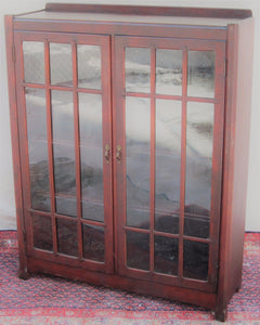 ARTS & CRAFTS DOUBLE GLASS DOOR BOOKCASE WITH LATTICE WORK DOORS