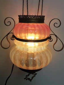 VICTORIAN OPALESCENT GLASS HANGING LANTERN LAMP ON TROLLEY CHAIN