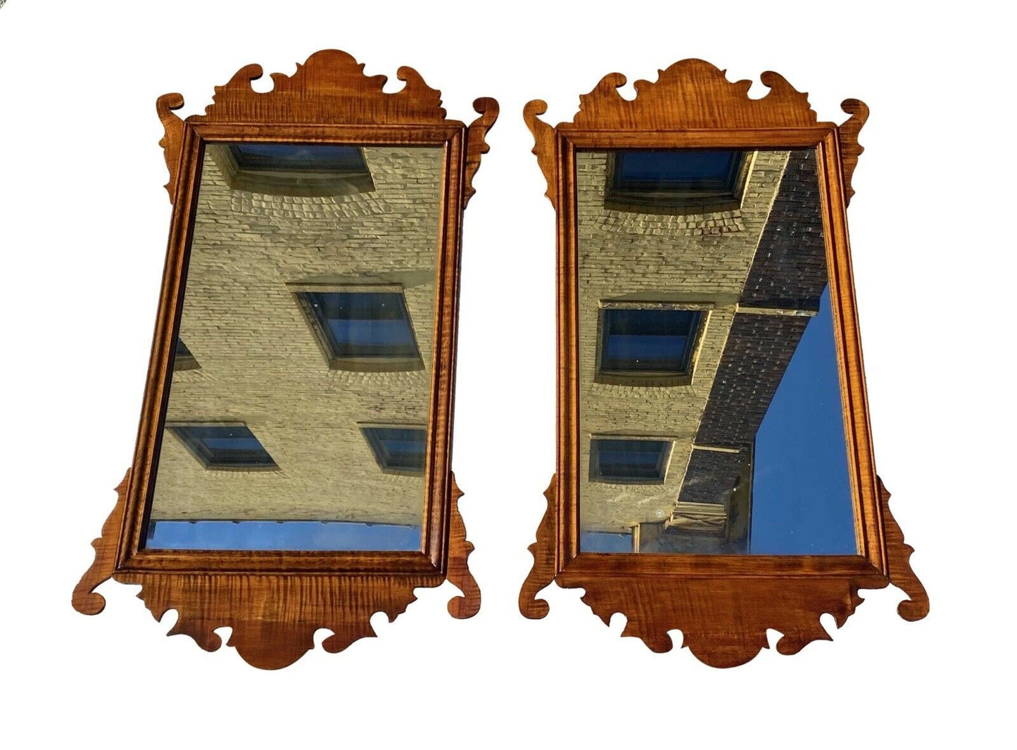 20th C Chippendale Antique Style Pair Of Tiger Maple Mirrors