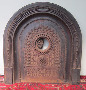 19TH CENTURY CAST IRON FIRE BACK WITH COMPLETE FRAME SYSTEM & ORNATE MOTIFS