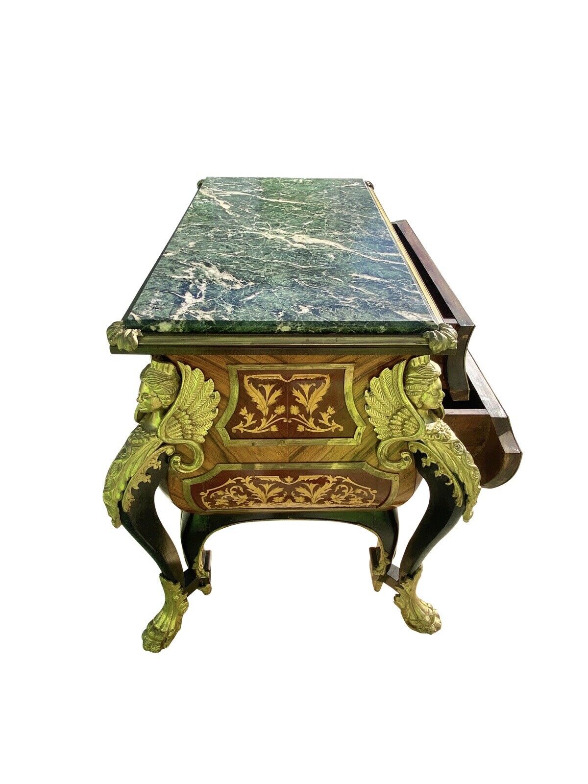 French Louis Xiv Style Walnut Marble Top Bombe Commode With Fire Gilded Accents